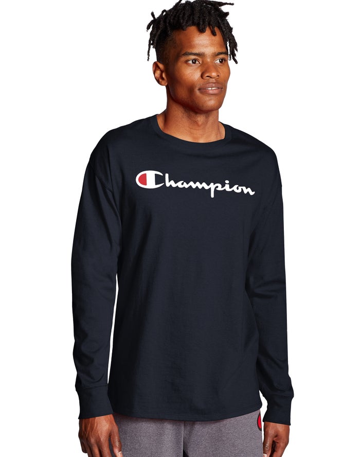 Tricou Champion Classic Long-Sleeve Script Logo Barbati Bleumarin - Romania XOCPVTS-63